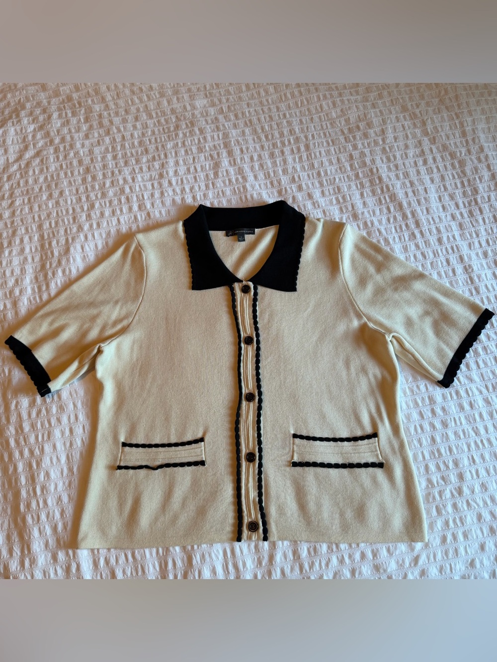 Adrianna Papell Cream and Black Trim Collared Cardigan